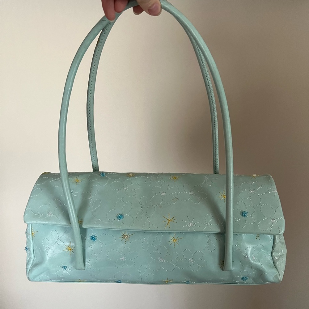 Light Aqua Star-Embroidered Shoulder Bag